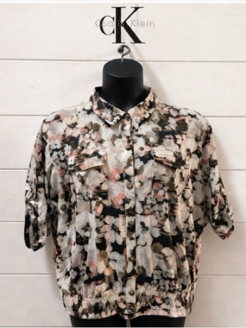 CALVIN KLEIN Black Floral Print Blouse-Style Jacket – Size XL (Estimated)